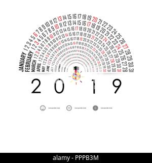 2019 Modèle de calendrier avec l'icône ampoule idée.demi-cercle.Calendrier 2019 Calendrier Série de 12 mois.Calendrier de l'année modèle de conception de scénario. Illustration de Vecteur