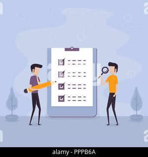 Crayon géant a & loupe avec grande liste complète Liste marquée.et un presse-papiers paper.Organisation de l'entreprise & achieveme Illustration de Vecteur