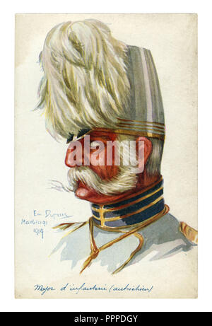 Carte postale historique français : portrait d'un officier de l'infanterie autrichienne, le Major en uniforme militaire, un homme avec une grande plume sur la PAC, la première guerre mondiale Banque D'Images