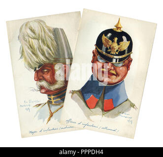 Deux cartes postales historiques français : portraits d'officiers autrichiens et allemands d'infanterie de l'uniforme militaire. La première guerre mondiale 1914-1918. Banque D'Images