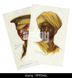 Deux cartes postales historiques français : portraits de soldats britanniques, fantassin et troupes coloniales de cavalerie indien de la première guerre mondiale 1914-1918, Angleterre Banque D'Images