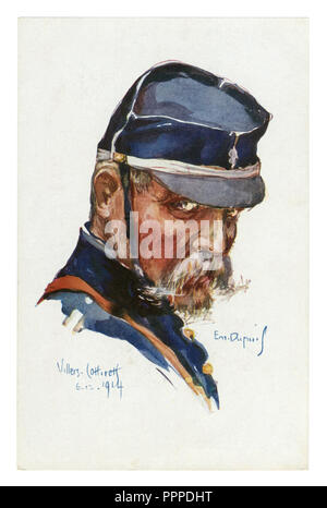 Carte postale historique français : portrait d'un vieux soldat expérimenté avec barbe et moustache touffue en uniforme militaire et capuchon bleu. la première guerre mondiale 1914 Banque D'Images