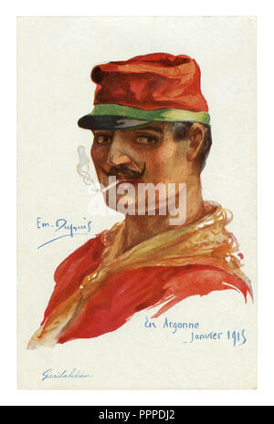 Carte postale historique français : Portrait d'un volontaire italien Garibaldi dans un chandail rouge et le chapeau, de fumer une cigarette. la première guerre mondiale 1914-1918. Italie Banque D'Images