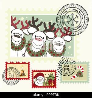 Série de timbres de Noël stylisé. Illustration de Vecteur