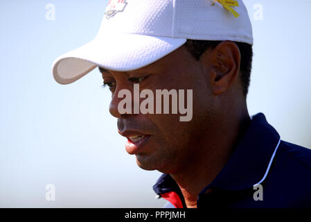 Tiger Woods du Team USA au cours de l'aperçu jour 4 de la Ryder Cup au Golf National, Saint-Quentin-en-Yvelines, Paris. Banque D'Images