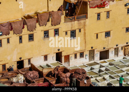 Fes, Maroc - 8 novembre 2017 : Les travailleurs en cuir Tannerie Chouara peinture au milieu de la médina de Fès. Credit : Dino Geromella Banque D'Images