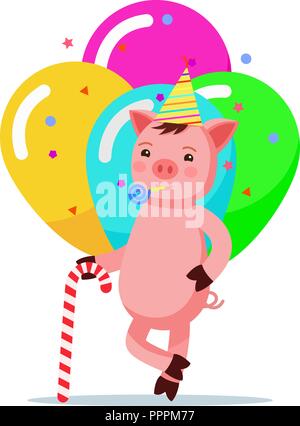 Le porcelet debout avec une canne de bonbons dans un chapeau de fête Illustration de Vecteur