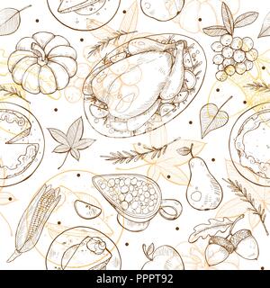 Joyeux thanksgiving day modèle homogène. Sol carrelé de l'action de fond avec rôti de dinde, tarte au potiron et aconrs des croquis. Illustration de Vecteur