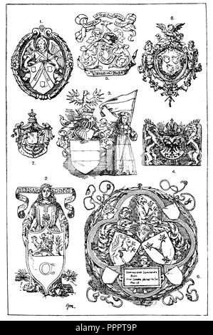 Gems héraldique : 1. Blason du bouclier ange comme titulaire. Après H.J. Gantinn. 1628. (Warnecke). 2. Blason du bouclier ange comme titulaire. L'italien. 16e siècle. Formulaire (Trésor). 3. Blason du bouclier dame comme titulaire. De la procession triomphale de l'empereur Maximilien par H. Burgkmair. (Noter la répétition de l'écusson des teintures sur la robe de la vierge, sur le casque et le manteau de la norme). 4. Armoiries de l'empereur Maximilien à saisir en tant que détenteur du bouclier. Après Hans Burgkmair. Formulaire (Trésor). 5. Armoiries avec des bannières, à partir d'un coussin en broderie appliqué à partir de l'année 1529. 6 Banque D'Images