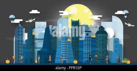 Scène minimale de ville de l'avenir pour la journée de l'halloween, le 31 octobre, avec des monstres qui : Dracula, verre, pumpkin man, Frankenstein, parapluie, joker, wit Illustration de Vecteur