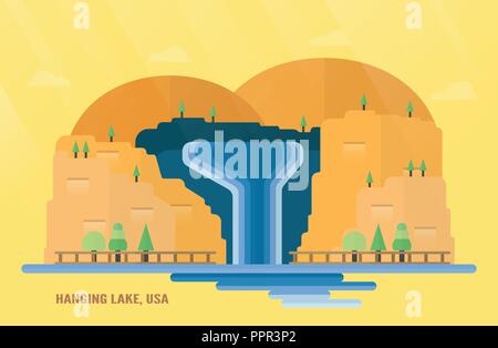 L'État américain du Colorado repères pour voyager avec Hanging Lake, chute d'eau et d'arbres. Vector illustration avec copie espace et les reflets de lumière sur yel Illustration de Vecteur