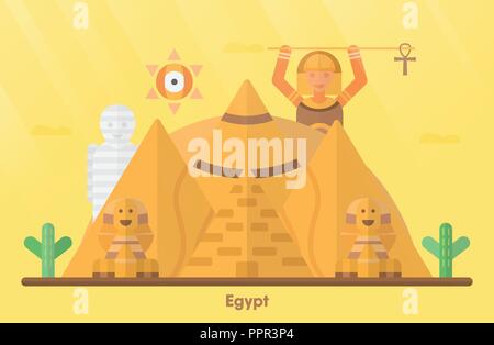 Repères L'Egypte pour voyager avec grand Sphinx de Gizeh, grande pyramide de Gizeh, mountain, cactus, maman et fille de Pharaon. Vector illustration avec c Illustration de Vecteur