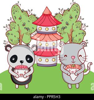 Des animaux avec sushi kawaii Illustration de Vecteur