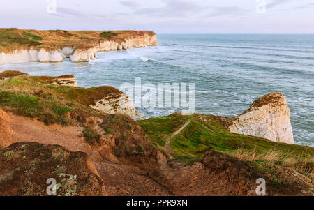 L'érosion de l'environnement le long des falaises de craie par la mer, le vent et le temps affiché à l'aube, Flamborough, Yorkshire, UK. Banque D'Images