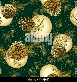 Transparente avec motif de noël réaliste d'or à l'encre de botanique sapin branches avec cône de pin sur la neige fond. Illustrations vectorielles Illustration de Vecteur