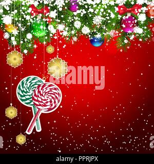 Fond de Noël avec des branches d'arbre de Noël décoré avec des billes de verre et des jouets. Illustration de Vecteur