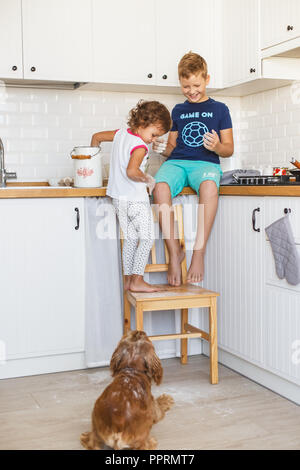 Frère et soeur de la préparation de la pâte à crêpes à la cuisine et jouer avec le chien. Style de vie décontracté de la série de photos d'intérieur dans la vie réelle Banque D'Images