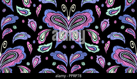 Seamless Floral motif fantaisie avec fleurs, feuilles et papillons. Les dessins au trait en fleurs à broder. Vector illustration. Banque D'Images