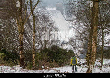 Un homme regarde le Derwent barrage qui est recouverte de glace au cours de la 'bête de l'Est' tempête de mars 2018. Banque D'Images