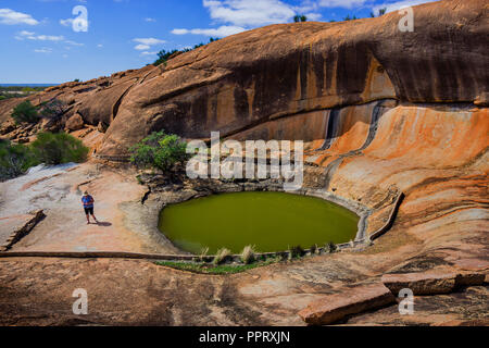 Également connu sous le nom de point d'eau par les trous gnamma autochtones et wave rock formation à Beringbooding Rock Australie Occidentale Banque D'Images