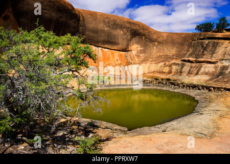 Également connu sous le nom de point d'eau par les trous gnamma autochtones et wave rock formation à Beringbooding Rock Australie Occidentale Banque D'Images