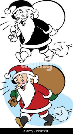 Le père Noël offre des cadeaux de Noël dans un sac sur l'épaule. Illustration de Vecteur