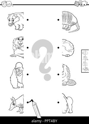 Cartoon noir et blanc Illustration de jeu éducatif des moitiés correspondantes de photos avec des animaux livre Couleur Illustration de Vecteur