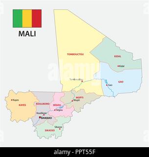 République du Mali carte vectorielle administrative et politique avec le drapeau. Illustration de Vecteur