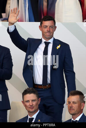 L'Europe de l'équipe au cours de Rory McIlroy la Ryder Cup Cérémonie d Ouverture au Golf National, Saint-Quentin-en-Yvelines, Paris. Banque D'Images