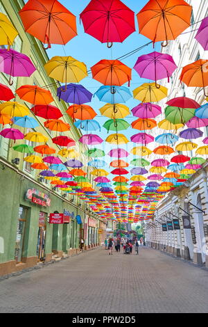 Décoration parasols colorés à Timisoara, Roumanie rue Banque D'Images