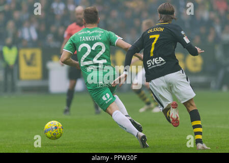 SOLNA, Suède, le 23 septembre, 2018 : Derby entre AIK et Hammarby dans l'Allsvenskan suédois. Les deux équipes en top, AIK a gagné avec 1-0 Banque D'Images