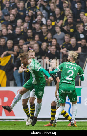 SOLNA, Suède, le 23 septembre, 2018 : Derby entre AIK et Hammarby dans l'Allsvenskan suédois. Les deux équipes en top, AIK a gagné avec 1-0 Banque D'Images