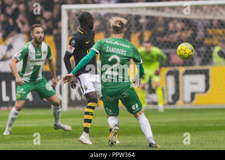 SOLNA, Suède, le 23 septembre, 2018 : Derby entre AIK et Hammarby dans l'Allsvenskan suédois. Les deux équipes en top, AIK a gagné avec 1-0 Banque D'Images