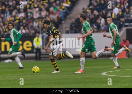 SOLNA, Suède, le 23 septembre, 2018 : Derby entre AIK et Hammarby dans l'Allsvenskan suédois. Les deux équipes en top, AIK a gagné avec 1-0 Banque D'Images