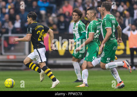 SOLNA, Suède, le 23 septembre, 2018 : Derby entre AIK et Hammarby dans l'Allsvenskan suédois. Les deux équipes en top, AIK a gagné avec 1-0 Banque D'Images