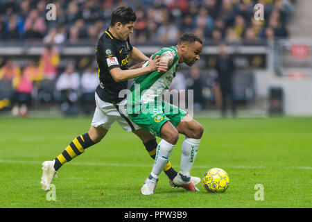 SOLNA, Suède, le 23 septembre, 2018 : Derby entre AIK et Hammarby dans l'Allsvenskan suédois. Les deux équipes en top, AIK a gagné avec 1-0 Banque D'Images