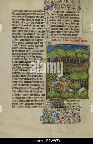 Les chasseurs camouflés préparent à attaquer un cerf ; Bretagne, France ; environ 1430 - 1440 Tempera ; couleurs, peinture or, la peinture argentée Banque D'Images