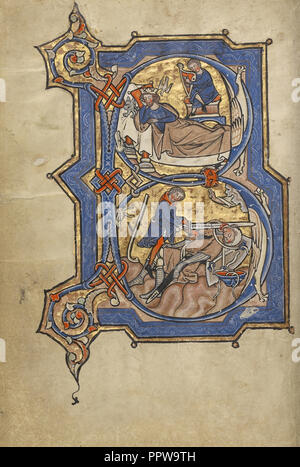 B Initial : David jouant de la Harpe pour Saul et David et Goliath ; Bruges, peut-être, en Belgique ; la mi-1200s ; or, couleurs Tempera Banque D'Images