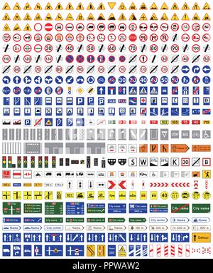 La signalisation routière isolé sur fond blanc. Plus de 400 panneaux routiers le trafic de haute qualité. Grand ensemble d'avertissement, d'interdiction, priorité, affiches obligatoires. Illustration de Vecteur