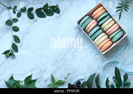 Les feuilles et les macarons français pastel des gâteaux sur une surface en marbre. Mise à plat de la composition ci-dessus, vue de dessus . Contexte avec copie espace pour le texte Banque D'Images