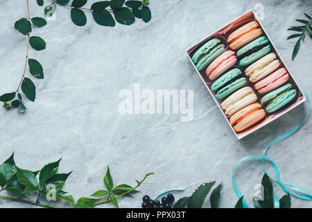 Les feuilles et les macarons français pastel des gâteaux sur une surface en marbre. Mise à plat de la composition ci-dessus, vue de dessus . Contexte avec copie espace pour texte de righ Banque D'Images