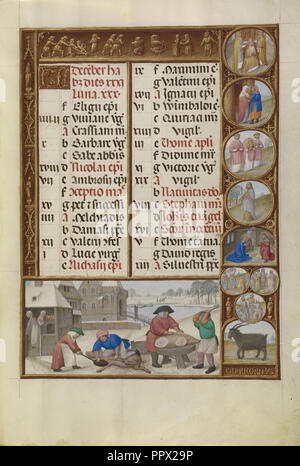 Abattage des porcs ; signe du Capricorne, atelier du maître de Jacques IV d'Écosse, flamand, avant 1465 - Banque D'Images