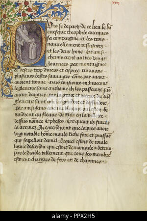 P initiale : un fou guéri après avoir touché le corps de Saint Antoine ; Maître de l'atelier ou Romuléon Bruxelles, flamande Banque D'Images
