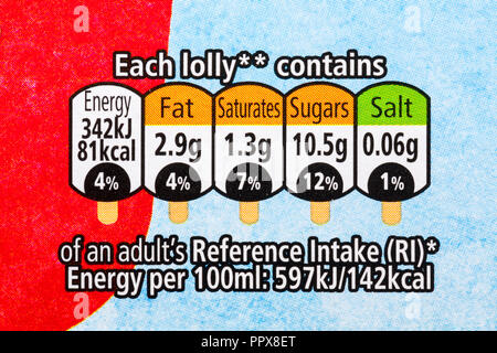 Chaque lolly contient...d'un adulte de référence (RI) - information nutritionnelle sur fort de Nestle Fab lollies - système de feux de circulation Banque D'Images