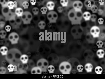 Bokeh crâne floue sur fond noir. Crâne mignon blanc Fond noir foncé sur la tête. Banque D'Images