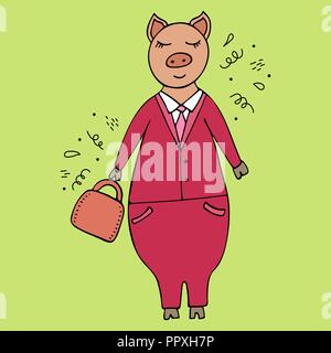 Handdrawn vecteur illustration de l'homme d'un porc dans un costume avec un porte-documents. Doodles. Illustration de Vecteur