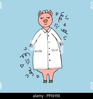 Vector hand-drawn funny pig médecin dans une blouse de laboratoire. Doodles. Illustration de Vecteur