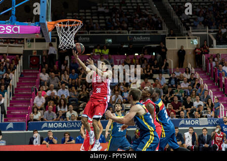 Andorre-la-Vieille, Andorre. 28 Septembre, 2018. Andorre-la-Vieille, Andorre. 28 de Setiembre de 2018. Liga Endesa PBR. En El partido entre Morabanc Andorre BC vs Murcia UCAM de la Liga Endesa PBR Crédit : Martin Silva Cosentino/Alamy Live News Banque D'Images