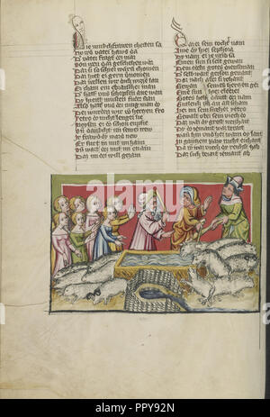 Moïse conduisant loin les bergers au puits de Madian ; Regensburg, Bavière, Allemagne ; environ 1400 - 1410 Couleurs d'or, Tempera ; Banque D'Images