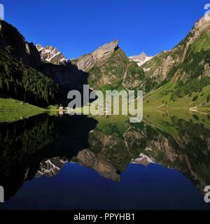 Matin d'été dans le canton d'Appenzell. Seealpsee lac et montagnes de la gamme de l'Alpstein. Banque D'Images